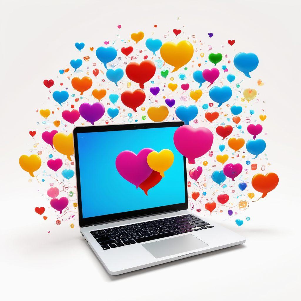 A vibrant digital landscape filled with diverse people connecting through various online platforms, showcasing laughter and joy. Brightly colored chat bubbles and symbols of community like hearts and smiles float around. Include visual elements representing technology such as laptops and smartphones, surrounded by a serene and uplifting environment. super-realistic. vibrant colors. white background.