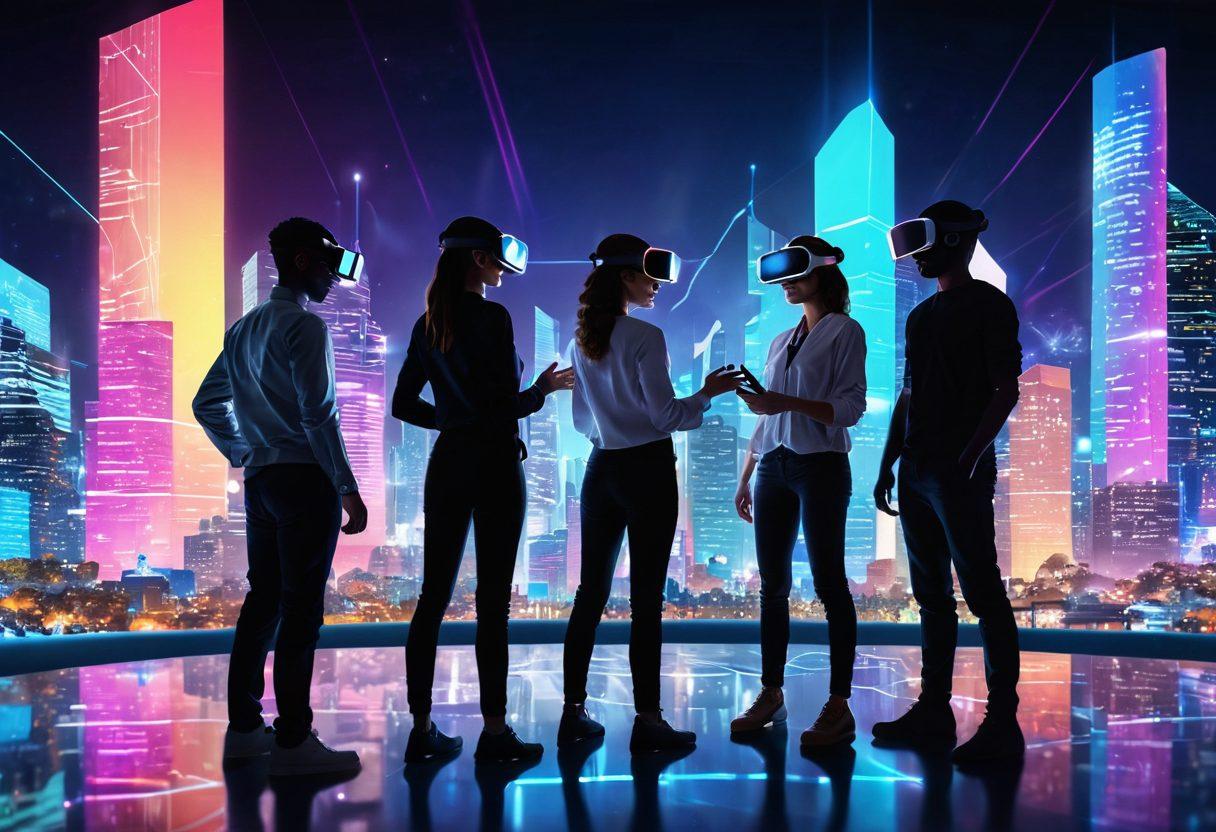 A vibrant, futuristic digital landscape featuring diverse people connecting through holographic interfaces and virtual reality gear. Colorful beams of light symbolizing collaboration and communication intertwine amidst a glowing city skyline. Show elements of teamwork and creativity, like virtual design boards and brainstorming teams. Include playful, abstract shapes to represent different ideas flowing together. super-realistic. vibrant colors. 3D.