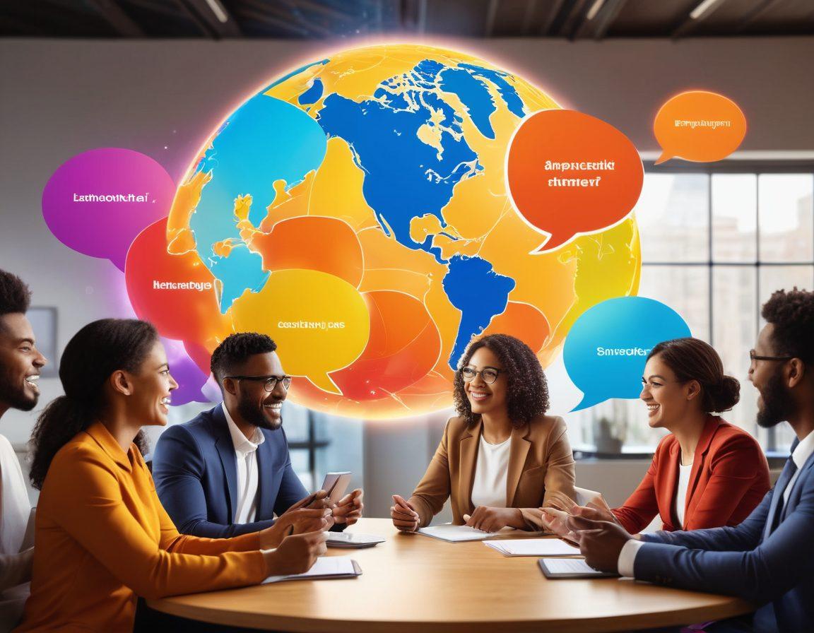 A diverse group of people engaging in a lively virtual meeting, with colorful speech bubbles representing various ideas, a glowing digital globe in the background showcasing connections across continents, and a warm, welcoming atmosphere exuding a sense of unity and collaboration. vibrant colors. super-realistic.